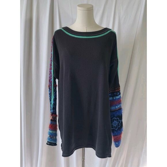 Free People Washed Black Thermal On My Way Cuffed Sweater Top Small - Picture 3 of 7